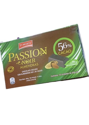 CHOCOLATE PASSION NOIR 56% CACAO CON ALMENDRAS 12UND 32GR
