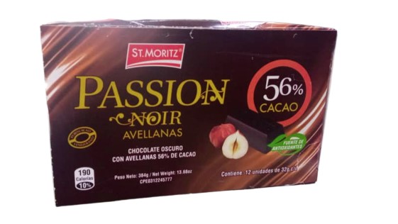 CHOCOLATE PASSION NOIR 56% CACAO CON AVELLANAS 12UND 32GR