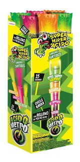 SUPER HIPER ACIDO CON RELLENO DE POLVO ACIDO SABORES SURTIDOS 15UND