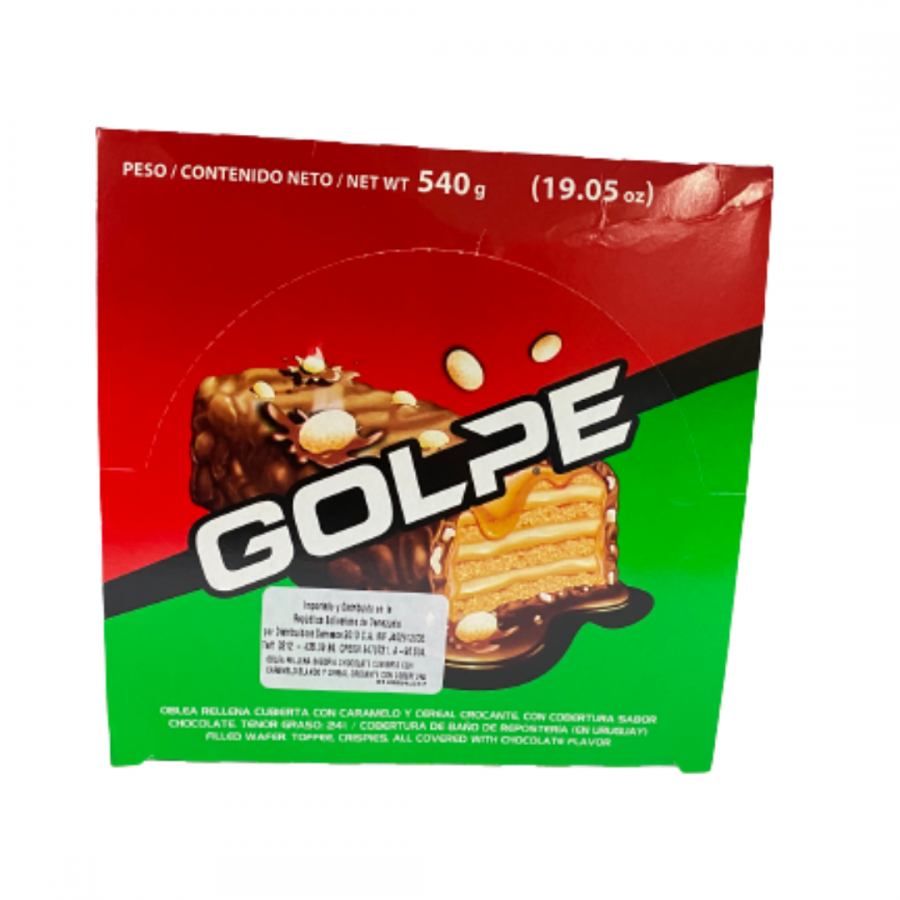 CHOCOLATE GOLPE OBLEA RELLENA CUBIERTA DE CARAMELO Y CEREAL CROCANTE 24UND 20UND