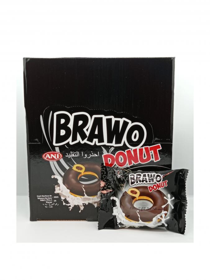 BRAWO DONUT CON COBERTURA DE CHOCOLATE Y LECHE RELLENO DE CHOCOLATE 24UND