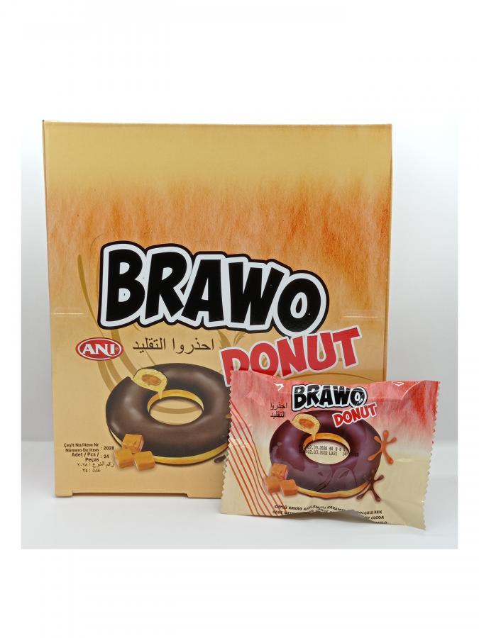 BRAWO DONUT CON COBERTURA DE CHOCOLATE Y RELLENA DE CARAMELO 24UND.
