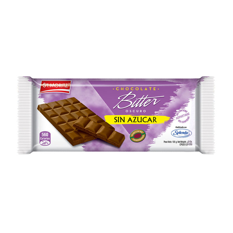 CHOCOLATE BITTER OSCURO SIN AZUCAR 100G (6UND)
